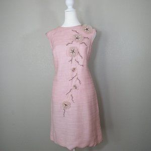 Vintage Pink Sleeveless Shift Dress Jewel Floral Embellishments